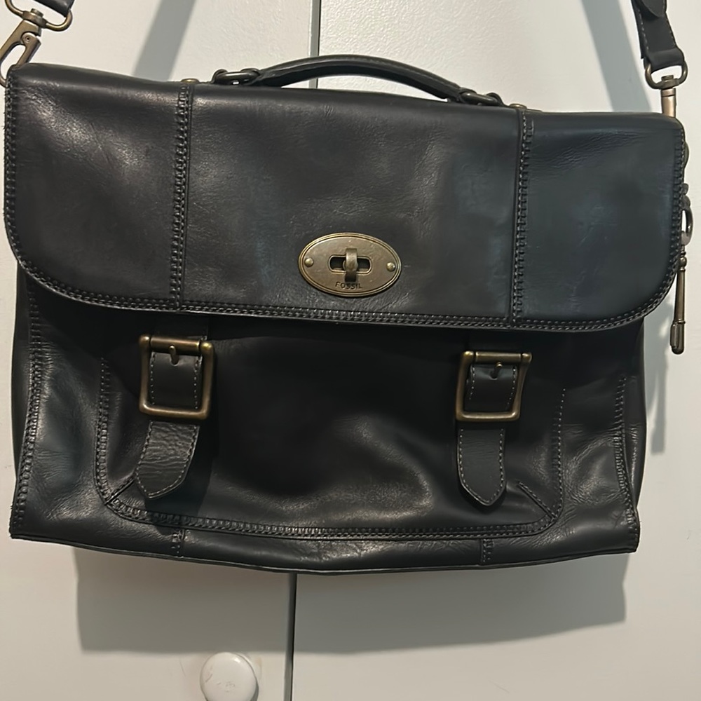 Fossil black leather laptop bag